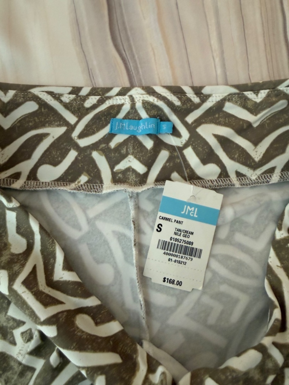 NEW! J. McLaughlin Carmel Pants Pull On Stretch Tan/Cream Nile Geo Print Size S - Picture 4 of 12